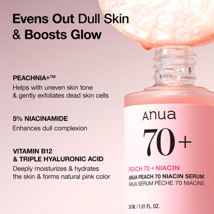 Anua Peach 70+ Niacin Serum Anua Peach 70+ Niacin Serum: Helps with uneven skin tone & exfoliate dead skin cells.