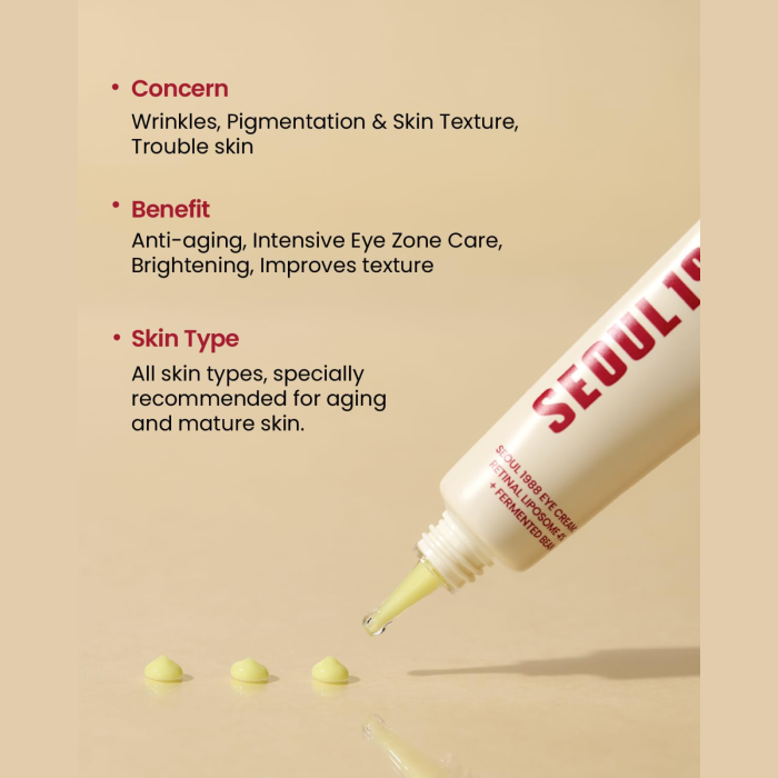 KSECRET SEOUL 1988 Eye Cream - Retinal Liposome 4% + Fermented Bean 5 KSECRET SEOUL 1988 Eye Cream - Retinal Liposome 4% + Fermented Bean | Targets wrinkles, Pigmentation & Skin Texture.
